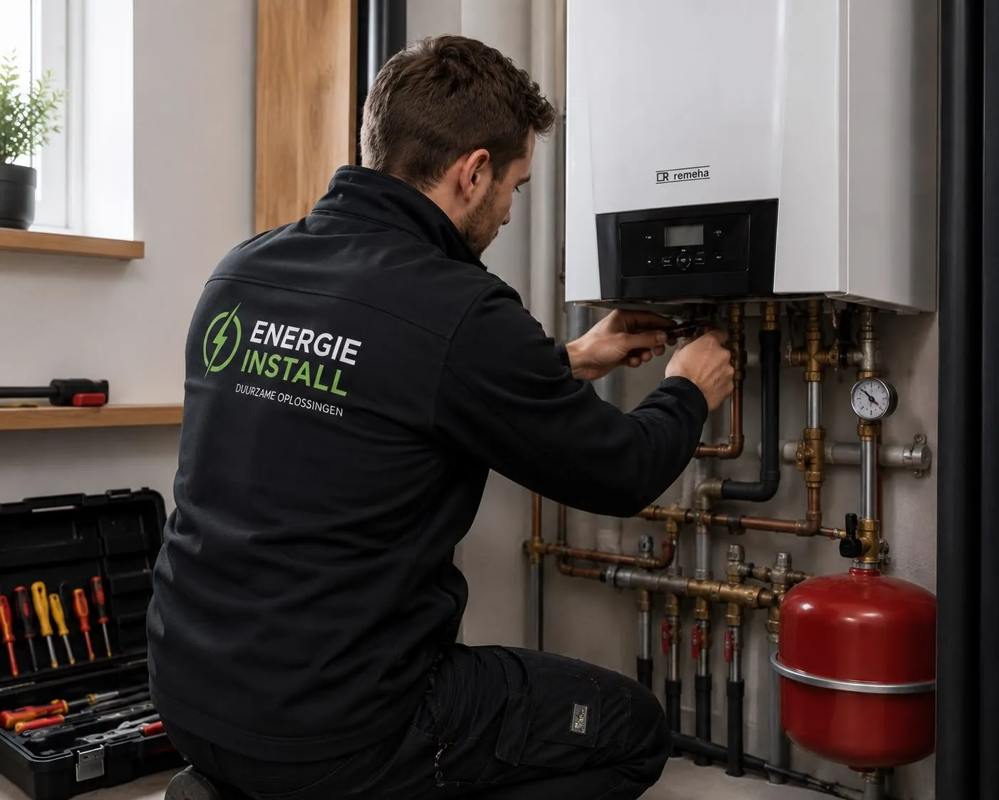 Energie Install-monteur voert onderhoud uit aan een Remeha cv-ketel met koperen leidingwerk