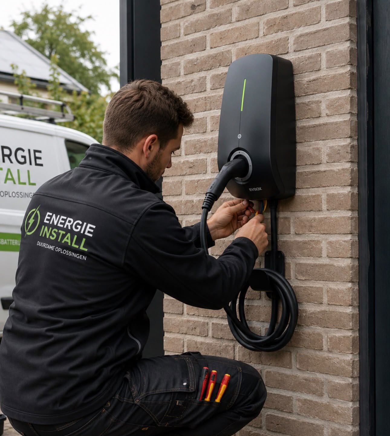 Energie Install-monteur installeert een wandlaadpaal aan een bakstenen gevel met de bedrijfsbus op de achtergrond